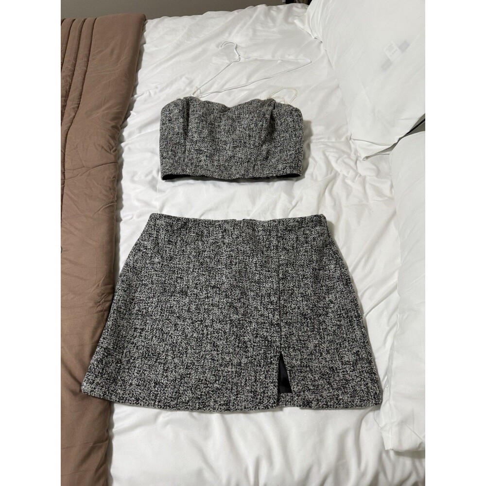 Windsor 2-Piece Black/White Tweed Strapless Top Mini Skirt Lined Slit L